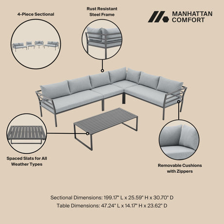 Sunnyside Corner Patio Conversation Set with Table in Grey on Grey by Manhattan Comfort at Eve Furniture