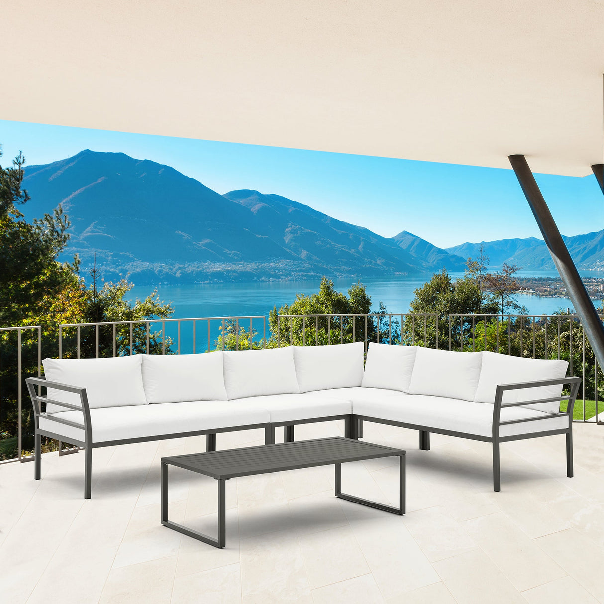 Sunnyside Corner Patio Conversation Set with Table in Grey on White by Manhattan Comfort at Eve Furniture