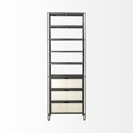 Sunnyvale Dark Brown Solid Wood and Mirrored Glass Four Shelf Shelving Unit by Mercana at Eve Furniture