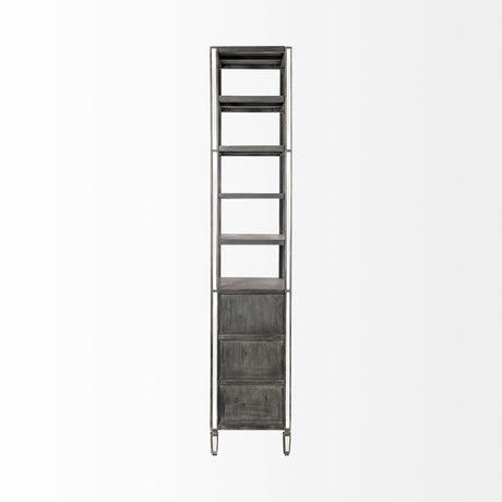 Sunnyvale Dark Brown Solid Wood and Mirrored Glass Four Shelf Shelving Unit by Mercana at Eve Furniture