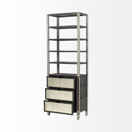 Sunnyvale Dark Brown Solid Wood and Mirrored Glass Four Shelf Shelving Unit by Mercana at Eve Furniture