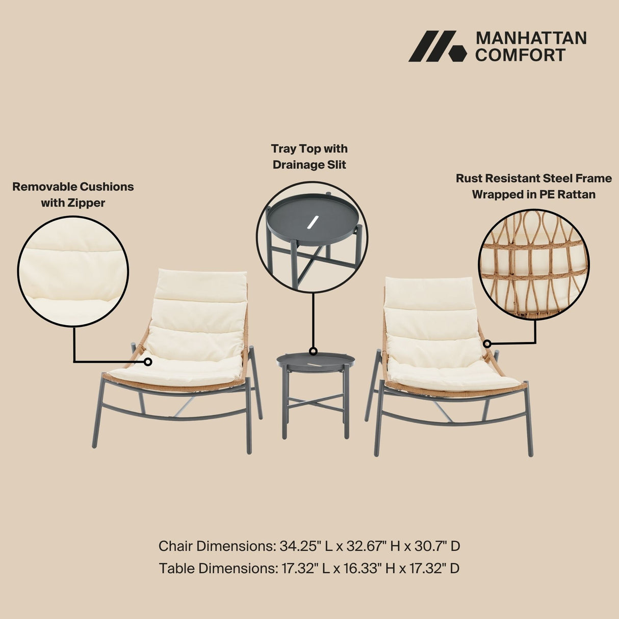 Sunset 3-Piece Patio Conversation Set in Cream by Manhattan Comfort at Eve Furniture