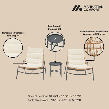 Sunset 3-Piece Patio Conversation Set in Cream by Manhattan Comfort at Eve Furniture
