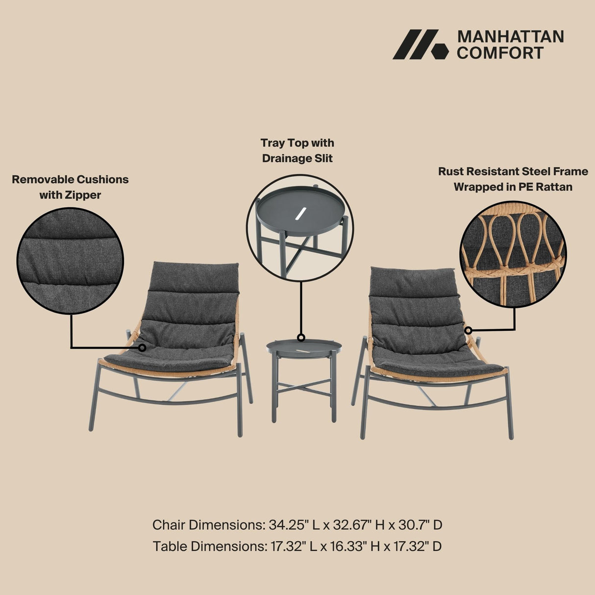 Sunset 3-Piece Patio Conversation Set in Grey by Manhattan Comfort at Eve Furniture