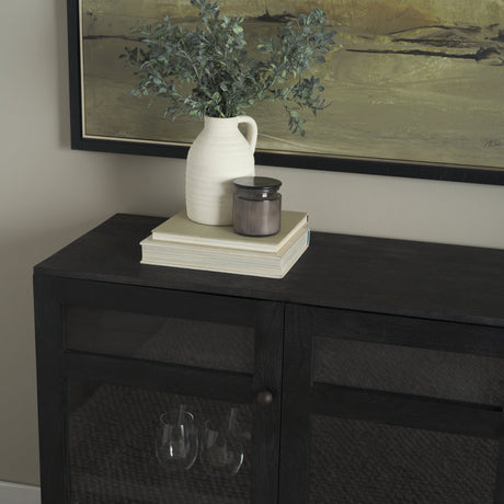 Suri Black Wood w/ Glass 4-Door Closed Sideboard by Mercana at Eve Furniture