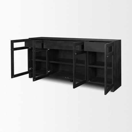 Suri Black Wood w/ Glass 4-Door Closed Sideboard by Mercana at Eve Furniture