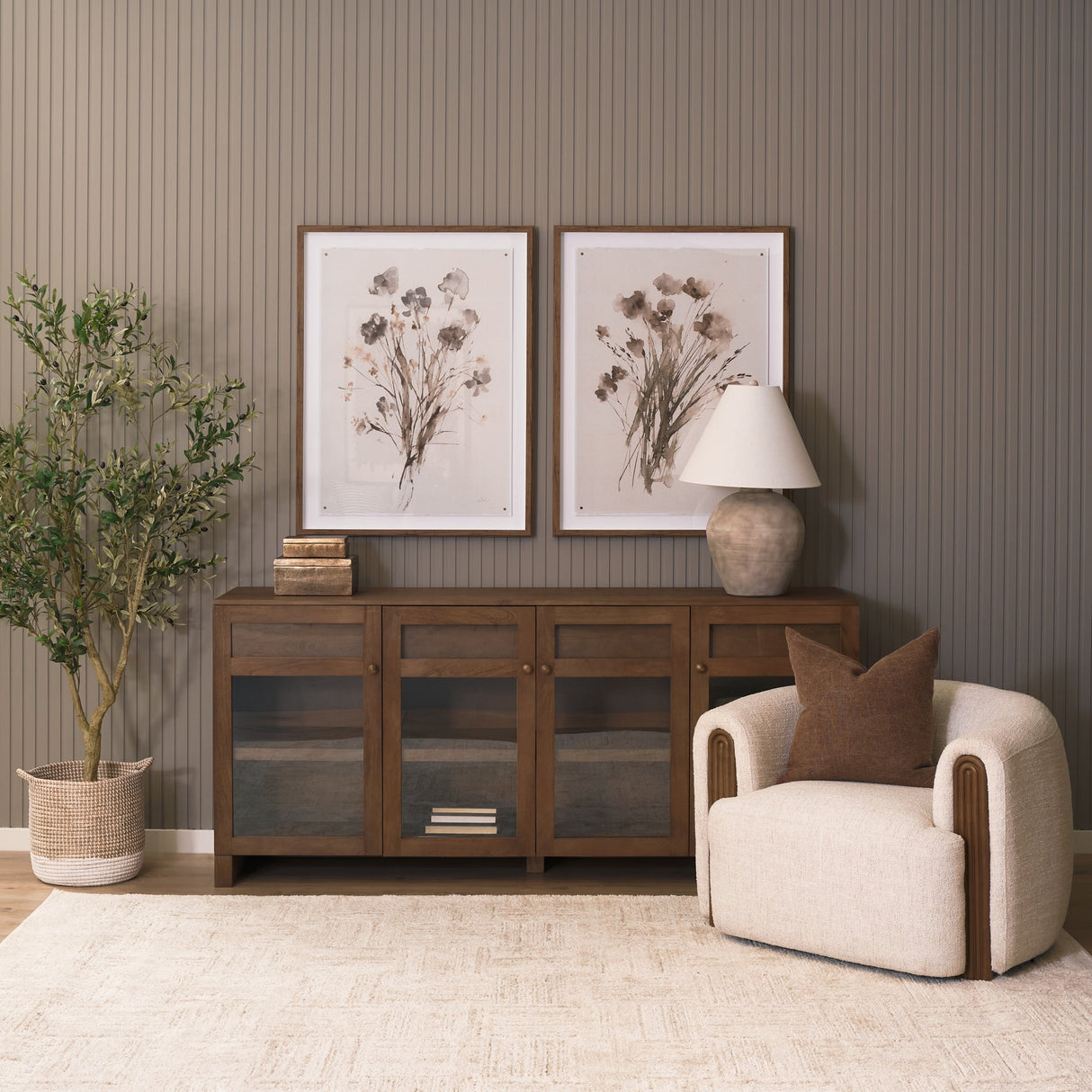 Suri Mid Brown Wood w/ Glass 4-Door Closed Sideboard by Mercana at Eve Furniture
