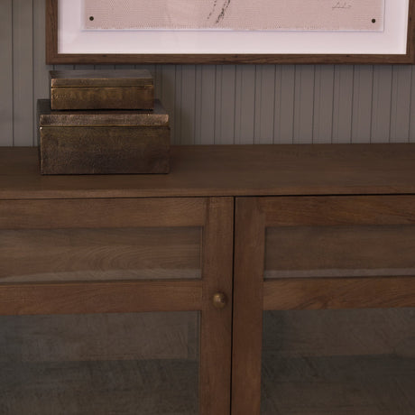 Suri Mid Brown Wood w/ Glass 4-Door Closed Sideboard by Mercana at Eve Furniture