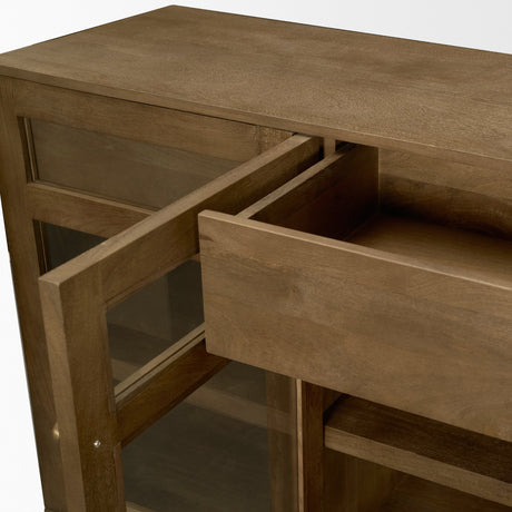Suri Mid Brown Wood w/ Glass 4-Door Closed Sideboard by Mercana at Eve Furniture