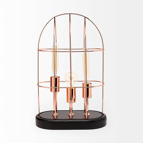 Sutton (19.3"H) Rose-Gold Metal Cylindrical Cage Three Bulb Table Lamp by Mercana at Eve Furniture