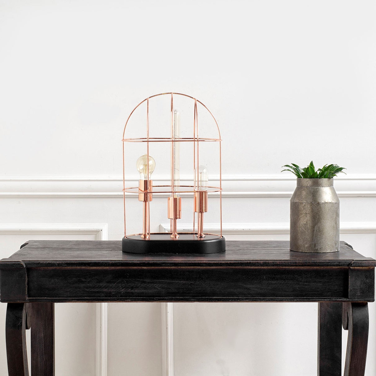 Sutton (19.3"H) Rose-Gold Metal Cylindrical Cage Three Bulb Table Lamp by Mercana at Eve Furniture