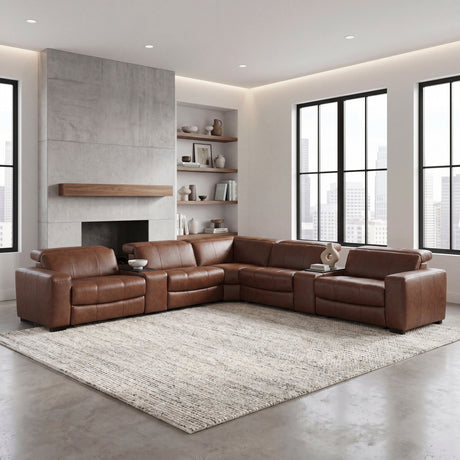 Sutton Brown 7-Piece Modular Power Reclining Sectional with Power Headrests and Charging Ports by Homelegance at Eve Furniture