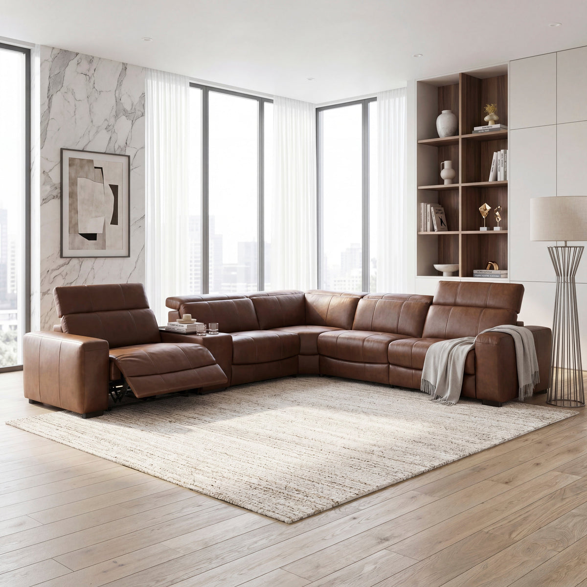 Sutton Brown 7-Piece Modular Power Reclining Sectional with Power Headrests and Charging Ports by Homelegance at Eve Furniture