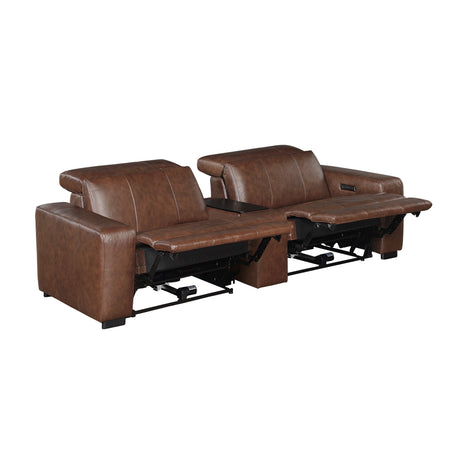 Sutton Brown Leather Power Double Reclining Loveseat with Center Console by Homelegance at Eve Furniture