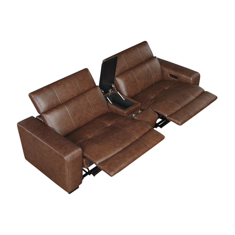 Sutton Brown Leather Power Double Reclining Loveseat with Center Console by Homelegance at Eve Furniture