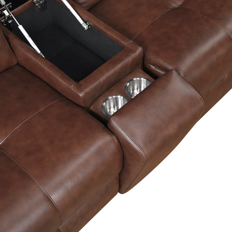Sutton Brown Leather Power Double Reclining Loveseat with Center Console by Homelegance at Eve Furniture