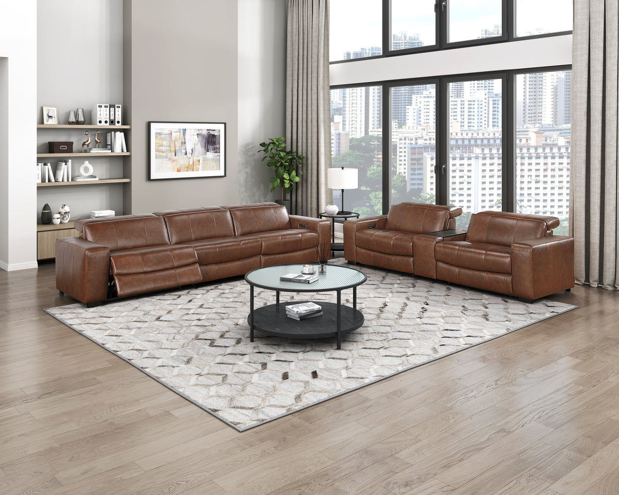 Sutton Brown Leather Power Double Reclining Sofa with Power Headrests and Charging Ports by Homelegance at Eve Furniture
