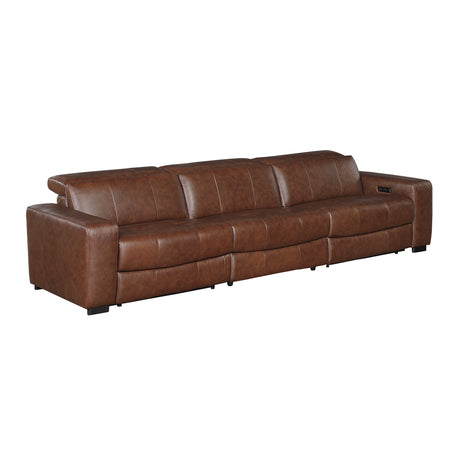 Sutton Brown Leather Power Double Reclining Sofa with Power Headrests and Charging Ports by Homelegance at Eve Furniture