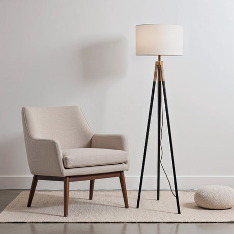 Sway Brassed Gold Floor Lamp with On/Off Switch Triple Legs White Fabric Shade by Ashcroft Furniture at Eve Furniture