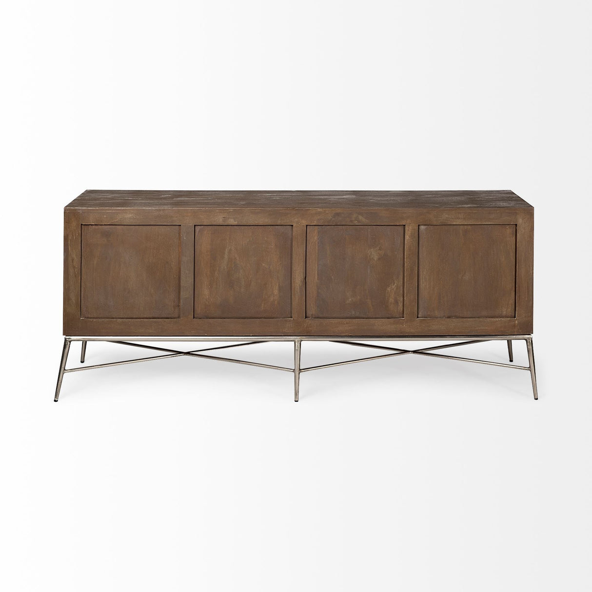 Swordfish 72L x 19W x 30.25H Two-Tone Brown Wood Cabinet Silver Metal Base 4 Cabinet Door Sideboard by Mercana at Eve Furniture