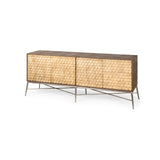 Swordfish 72L x 19W x 30.25H Two-Tone Brown Wood Cabinet Silver Metal Base 4 Cabinet Door Sideboard by Mercana at Eve Furniture
