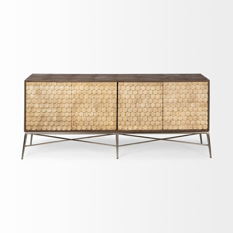 Swordfish Two-Tone Brown Wood Cabinet Silver Metal Base 4 Cabinet Door Sideboard by Mercana at Eve Furniture