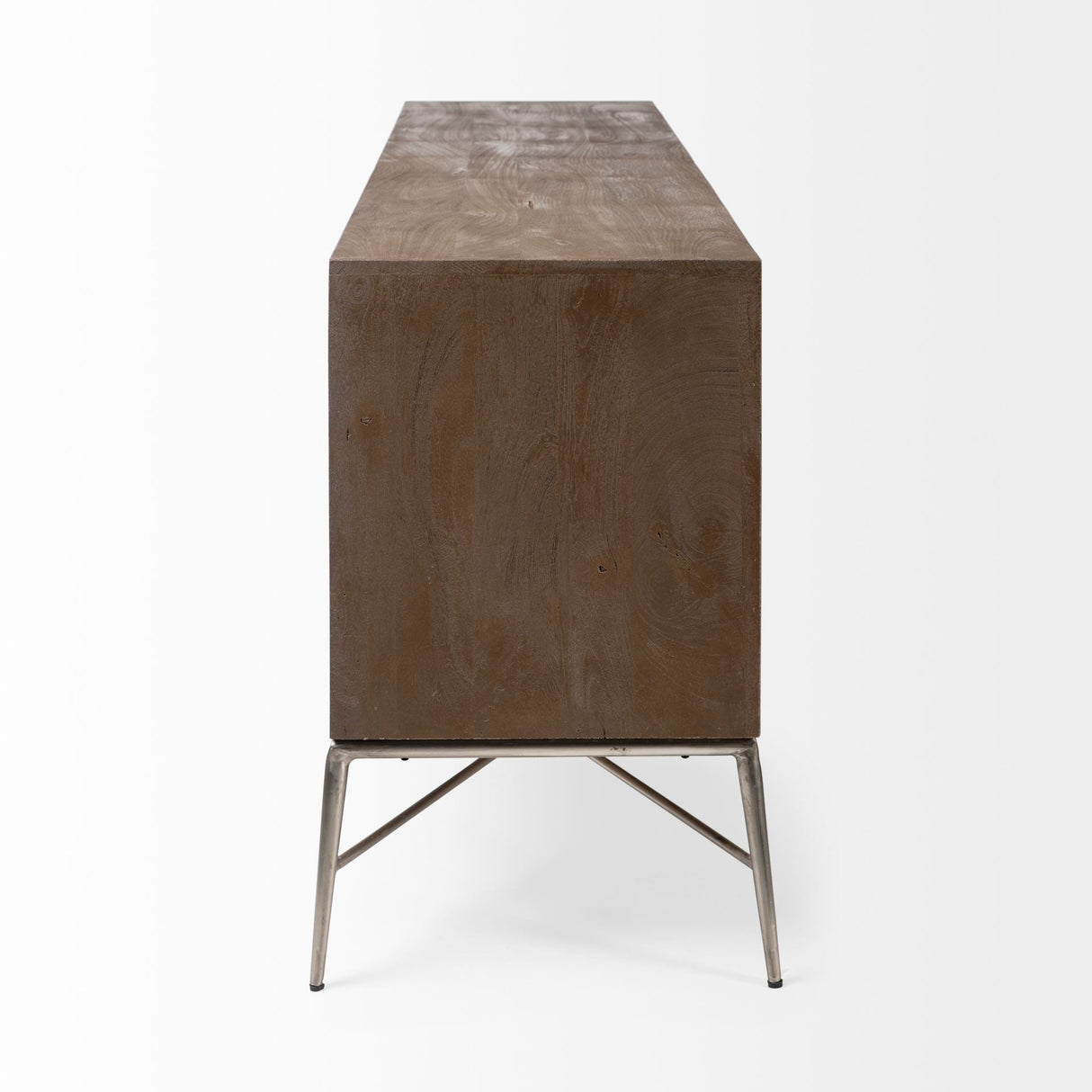 Swordfish Two-Tone Brown Wood Cabinet Silver Metal Base 4 Cabinet Door Sideboard by Mercana at Eve Furniture