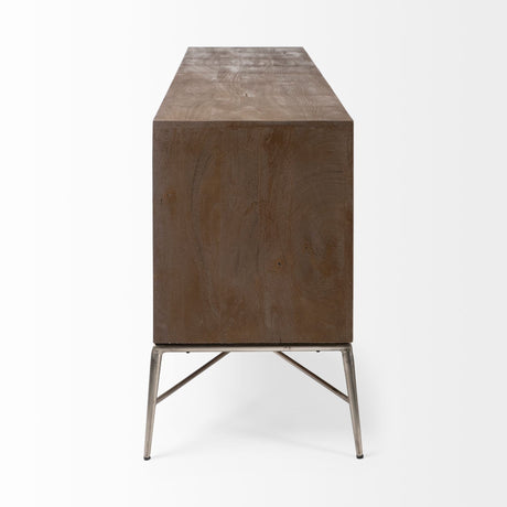 Swordfish Two-Tone Brown Wood Cabinet Silver Metal Base 4 Cabinet Door Sideboard by Mercana at Eve Furniture