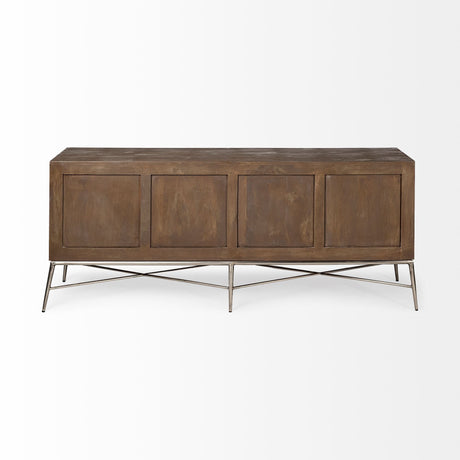 Swordfish Two-Tone Brown Wood Cabinet Silver Metal Base 4 Cabinet Door Sideboard by Mercana at Eve Furniture