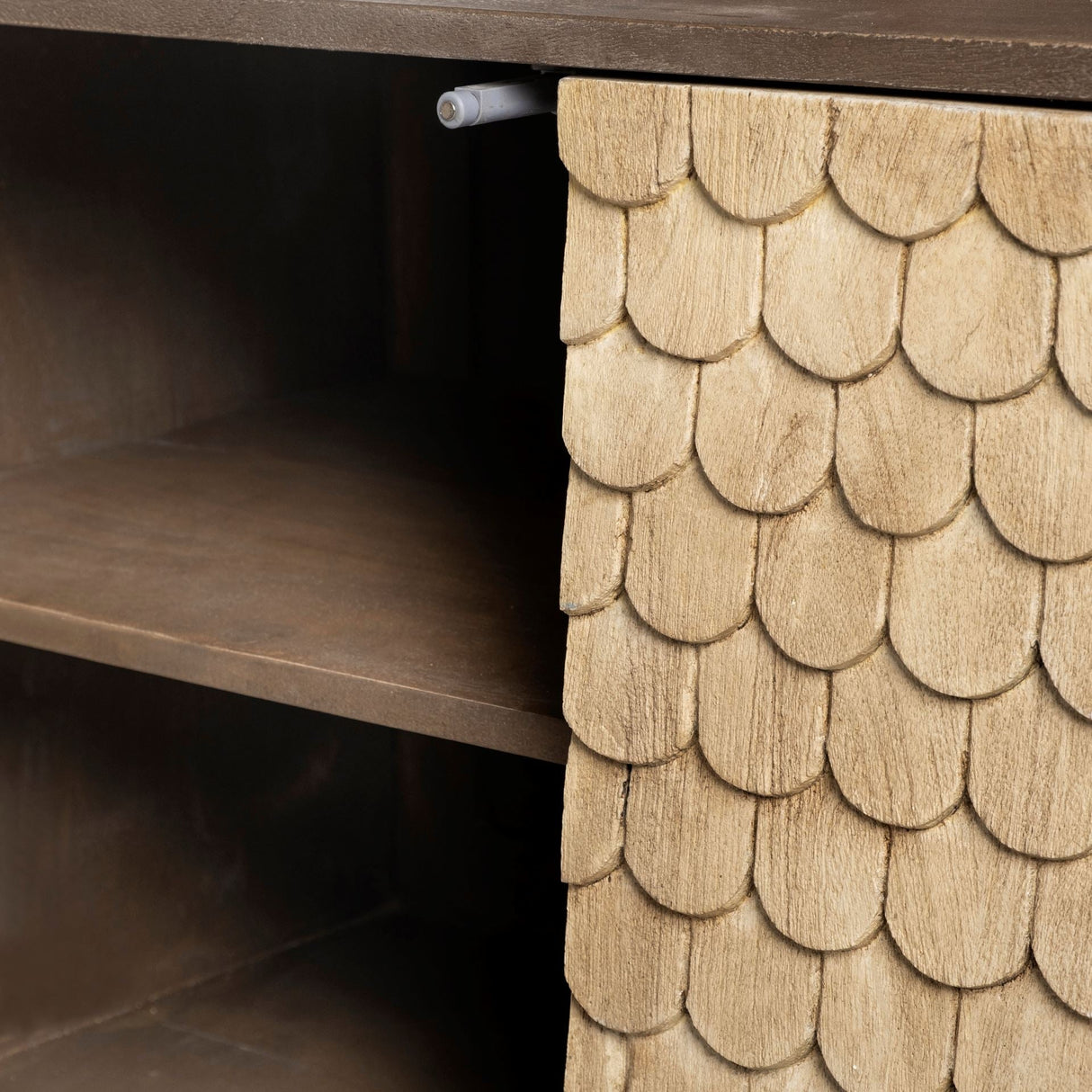 Swordfish Two-Tone Brown Wood Cabinet Silver Metal Base 4 Cabinet Door Sideboard by Mercana at Eve Furniture
