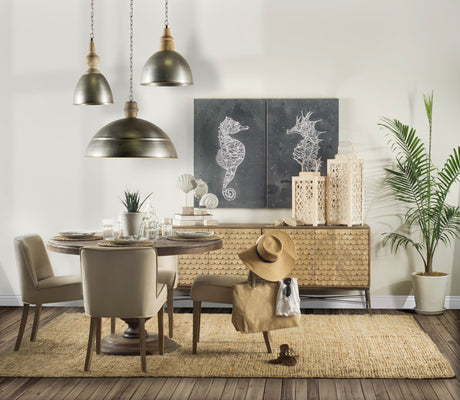 Swordfish Two-Tone Brown Wood Cabinet Silver Metal Base 4 Cabinet Door Sideboard by Mercana at Eve Furniture
