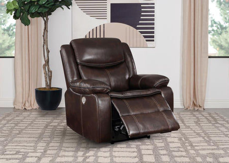 Sycamore Dark Brown Upholstered Power Recliner Chair by Coaster at Eve Furniture