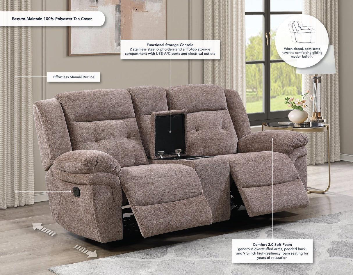 Sydney Console Loveseat, Manual Reclining, Glider, Brown by Steve Silver at Eve Furniture