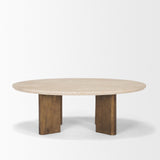 Syona Travertine + Mango Wood leg Oval Coffee table by Mercana at Eve Furniture