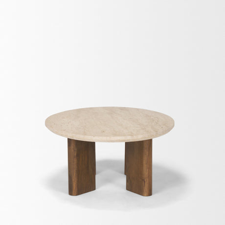 Syona Travertine + Mango Wood leg Oval Coffee table by Mercana at Eve Furniture