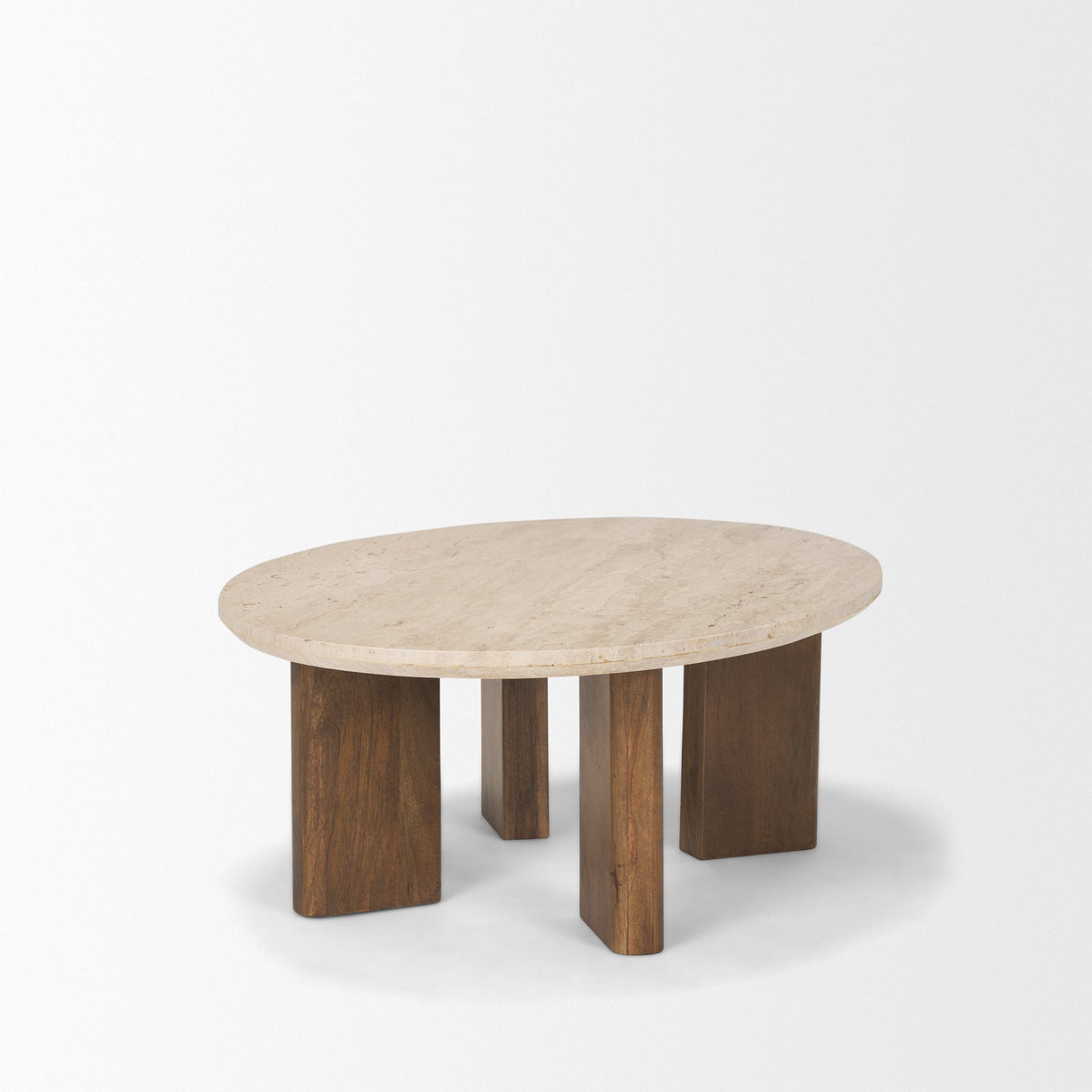 Syona Travertine + Mango Wood leg Oval Coffee table by Mercana at Eve Furniture