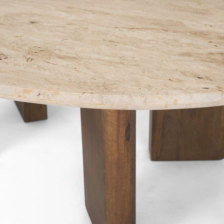 Syona Travertine + Mango Wood leg Oval Coffee table by Mercana at Eve Furniture