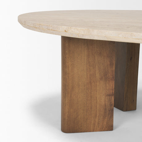 Syona Travertine + Mango Wood leg Oval Coffee table by Mercana at Eve Furniture