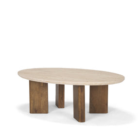 Syona Travertine + Mango Wood leg Oval Coffee table by Mercana at Eve Furniture