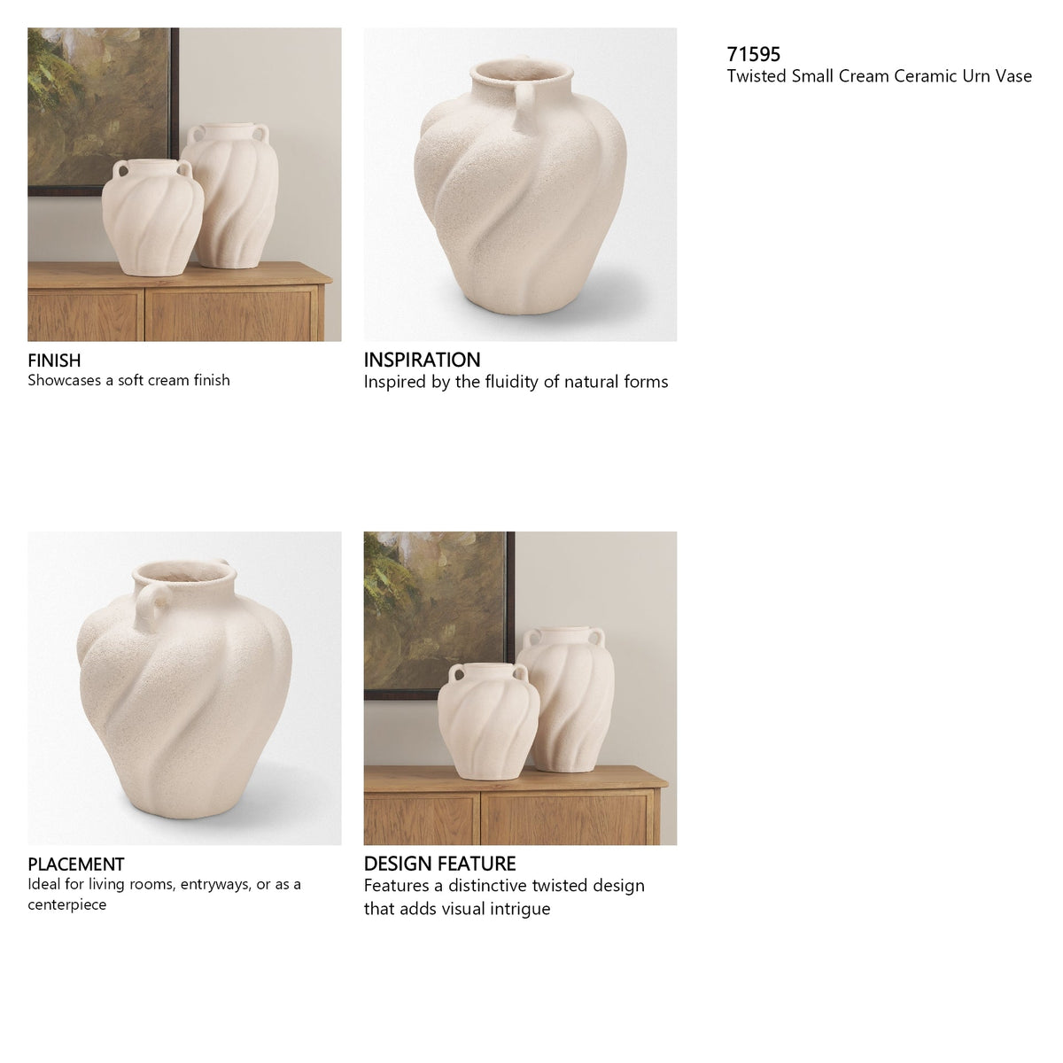 Syros Twisted Small Cream Ceramic Urn Vase by Mercana at Eve Furniture
