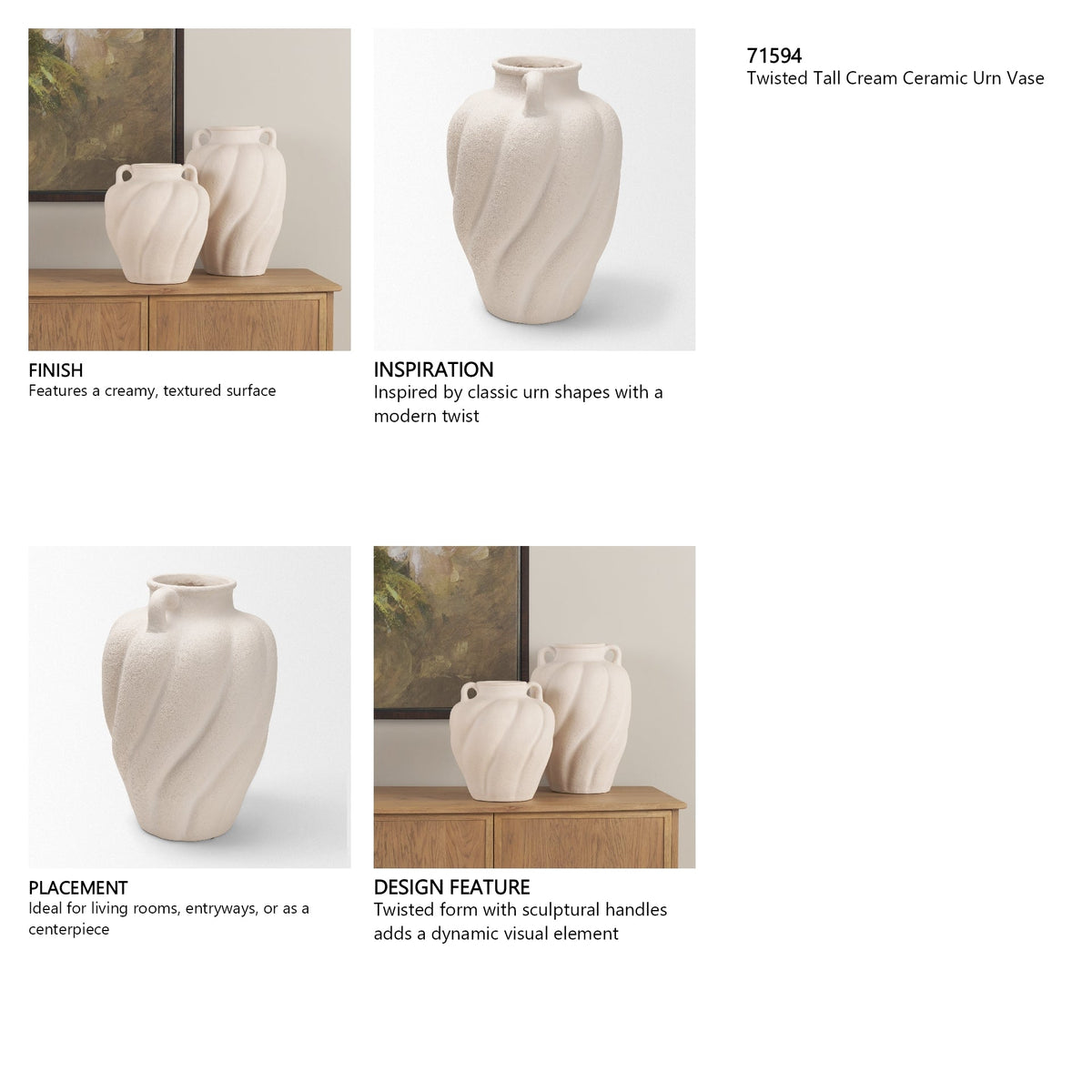 Syros Twisted Tall Cream Ceramic Urn Vase by Mercana at Eve Furniture