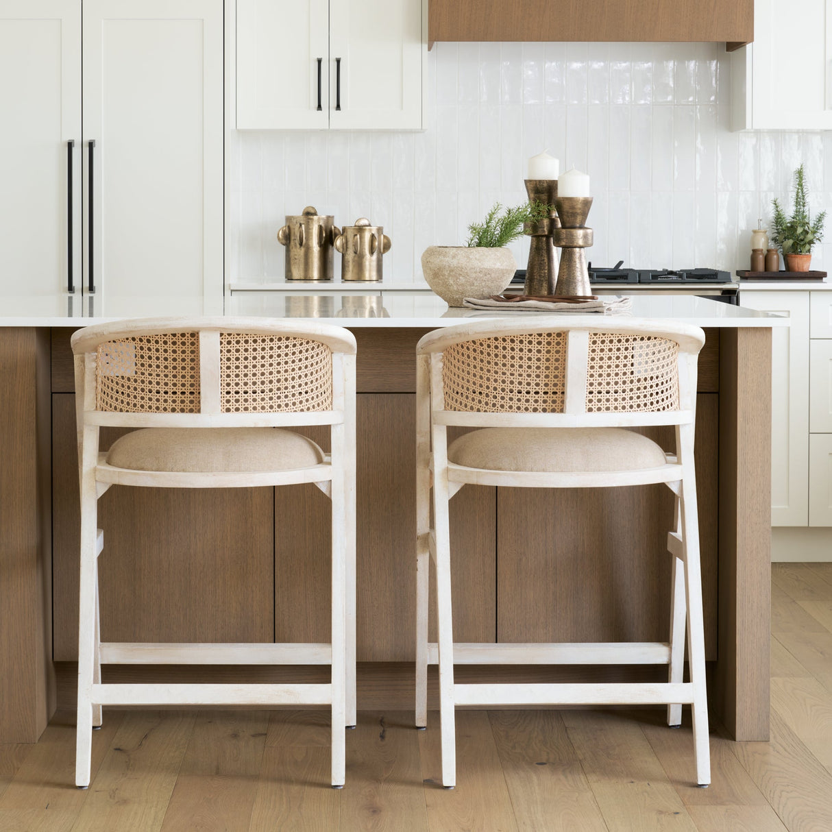 Tabitha 26.75" Seat Height Beige Fabric/Rattan Seat Blonde Wood Frame Counter Stool by Mercana at Eve Furniture