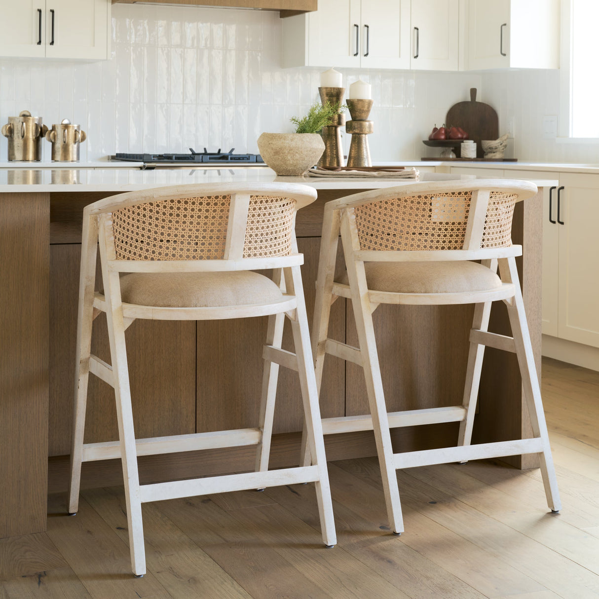 Tabitha 26.75" Seat Height Beige Fabric/Rattan Seat Blonde Wood Frame Counter Stool by Mercana at Eve Furniture
