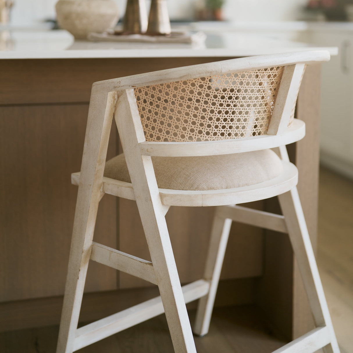 Tabitha 26.75" Seat Height Beige Fabric/Rattan Seat Blonde Wood Frame Counter Stool by Mercana at Eve Furniture