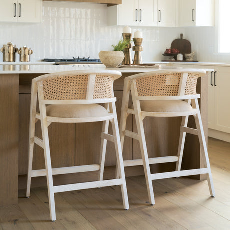 Tabitha Beige Fabric/Rattan Seat Blonde Wood Frame Counter Stool by Mercana at Eve Furniture