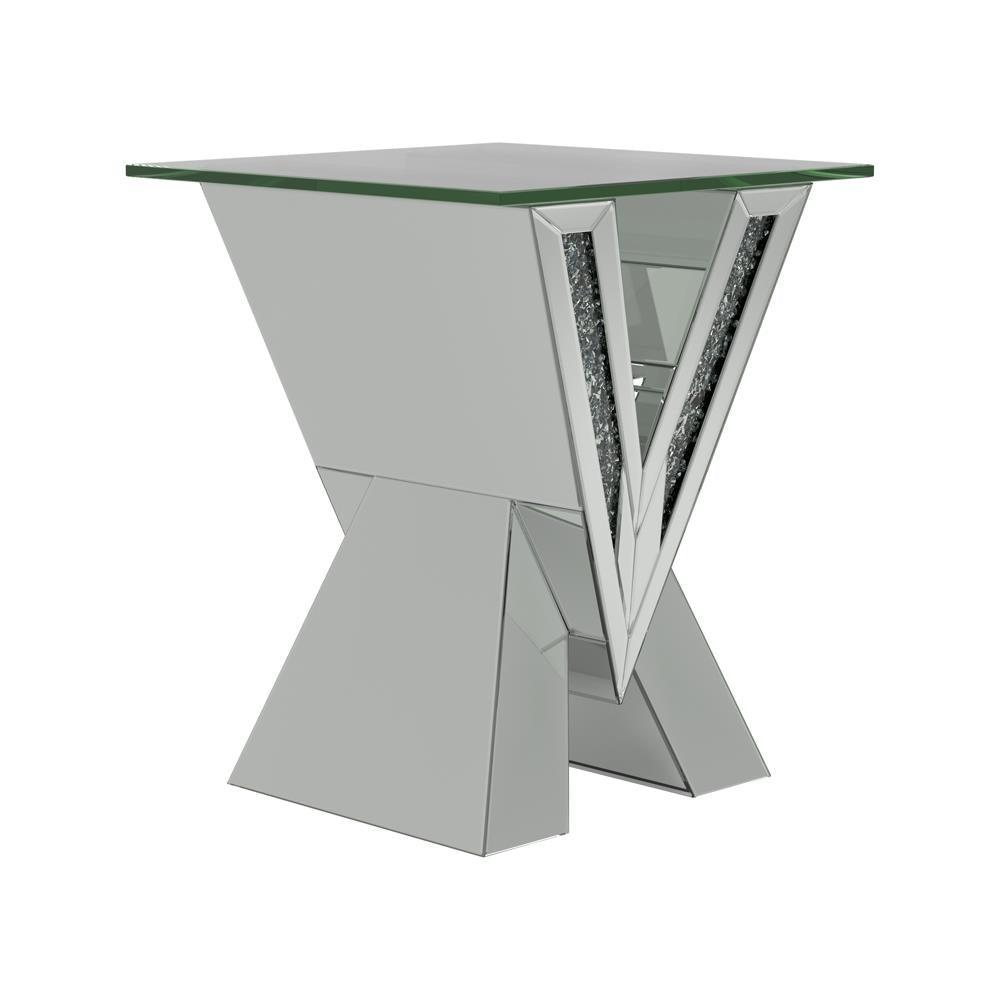 Taffeta Silver V-Shaped End Table with Glass Top by Coaster at Eve Furniture