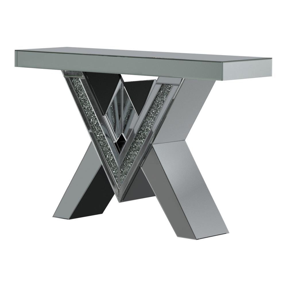 Taffeta Silver V-Shaped Sofa Table with Glass Top by Coaster at Eve Furniture