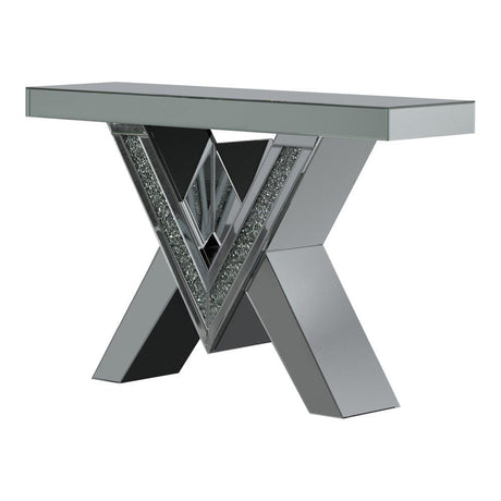 Taffeta Silver V-Shaped Sofa Table with Glass Top by Coaster at Eve Furniture