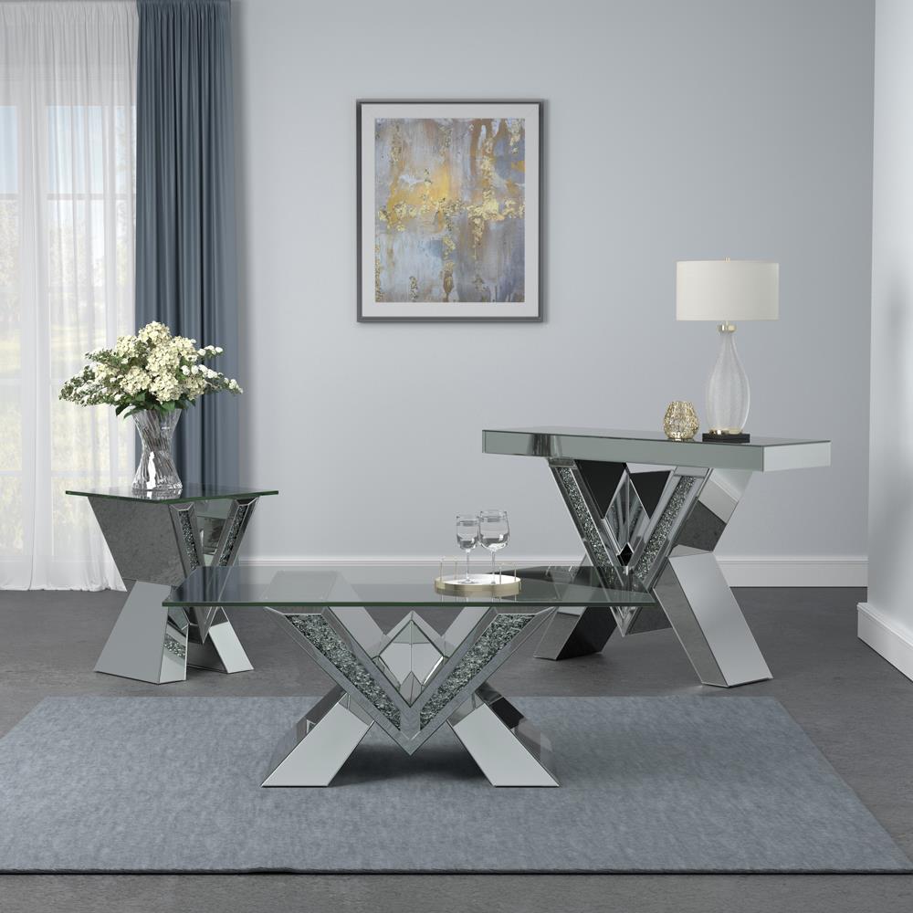 Taffeta V-Shaped Sofa Table with Glass Top Silver