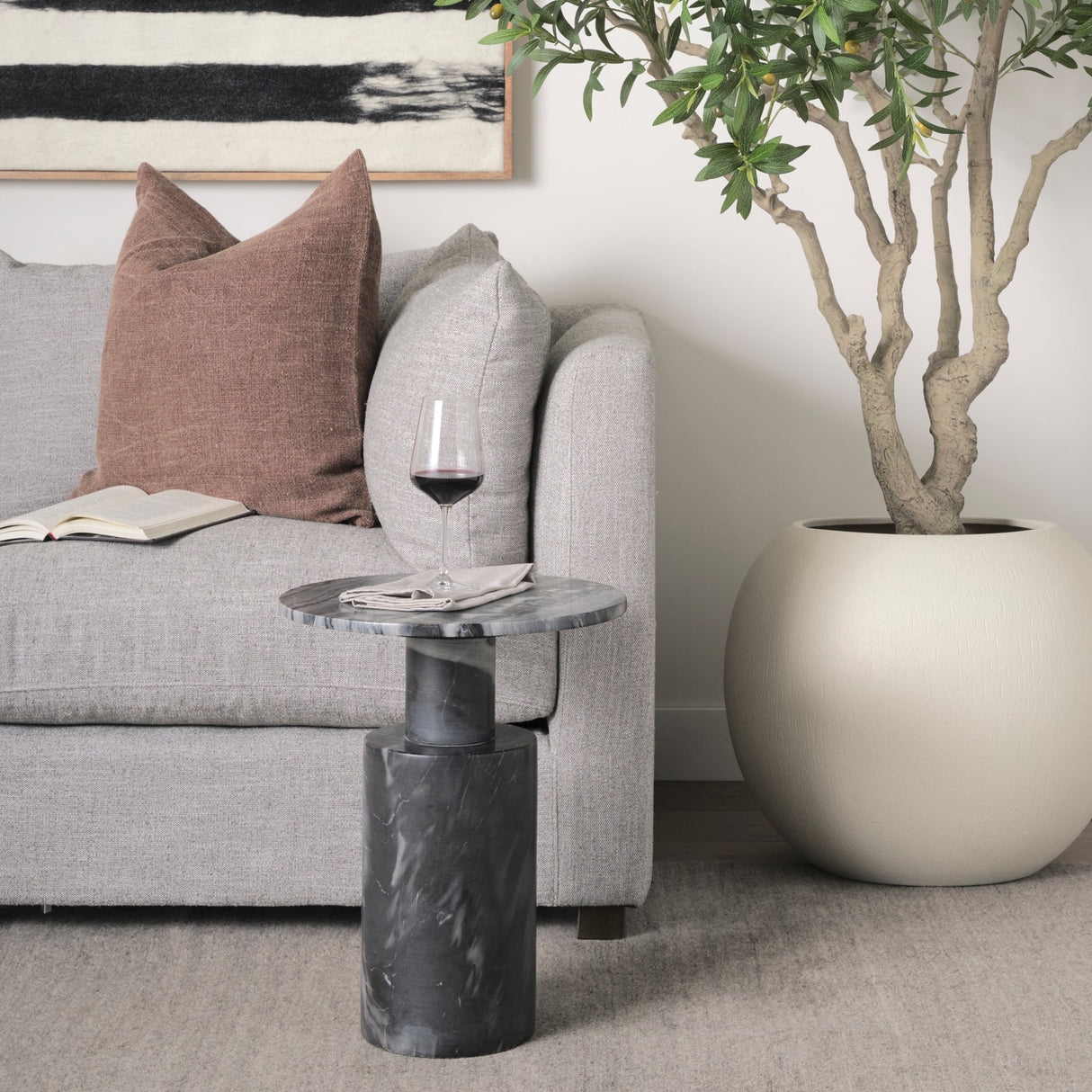 Taite Solid Dark Gray Marble Pedestal Accent Table by Mercana at Eve Furniture